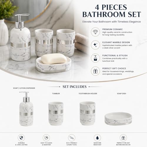 Whizzo Luxury Ceramic Bathroom Accessories Set – 4 Pcs | White Marble Finish with Silver Lining | Soap Dispenser, Toothbrush Holder, Tumbler & Soap Dish | Bathroom Decor (BS-836, White & Silver) - Image 2