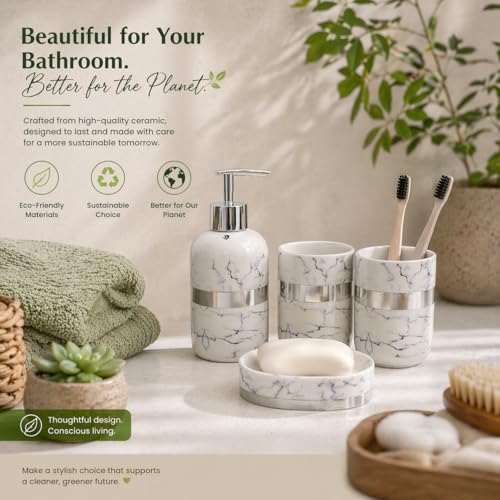 Whizzo Luxury Ceramic Bathroom Accessories Set – 4 Pcs | White Marble Finish with Silver Lining | Soap Dispenser, Toothbrush Holder, Tumbler & Soap Dish | Bathroom Decor (BS-836, White & Silver) - Image 5