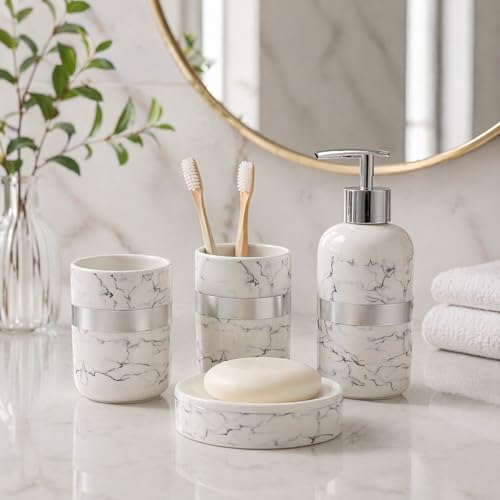 Whizzo Luxury Ceramic Bathroom Accessories Set – 4 Pcs | White Marble Finish with Silver Lining | Soap Dispenser, Toothbrush Holder, Tumbler & Soap Dish | Bathroom Decor (BS-836, White & Silver) - Image 1