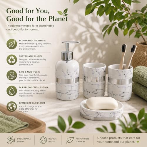 Whizzo Luxury Ceramic Bathroom Accessories Set – 4 Pcs | White Marble Finish with Silver Lining | Soap Dispenser, Toothbrush Holder, Tumbler & Soap Dish | Bathroom Decor (BS-836, White & Silver) - Image 3