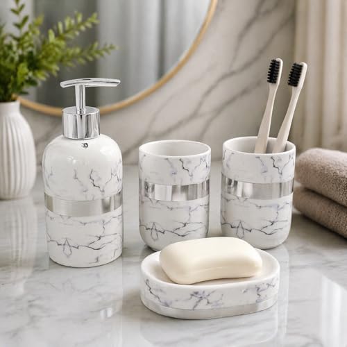 Whizzo Luxury Ceramic Bathroom Accessories Set – 4 Pcs | White Marble Finish with Silver Lining | Soap Dispenser, Toothbrush Holder, Tumbler & Soap Dish | Bathroom Decor (BS-836, White & Silver) - Image 4