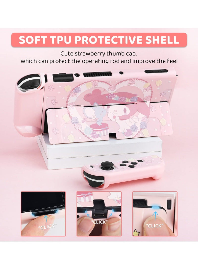 كابتن تيك Pink Carrying Case with Bunny Pattern for Nintendo Switch OLED, Hard Storage Case for Switch OLED with Hard Protective Case, Shoulder Strap, Hand Strap, Screen Protector and 2 Thumb Caps - Image 3