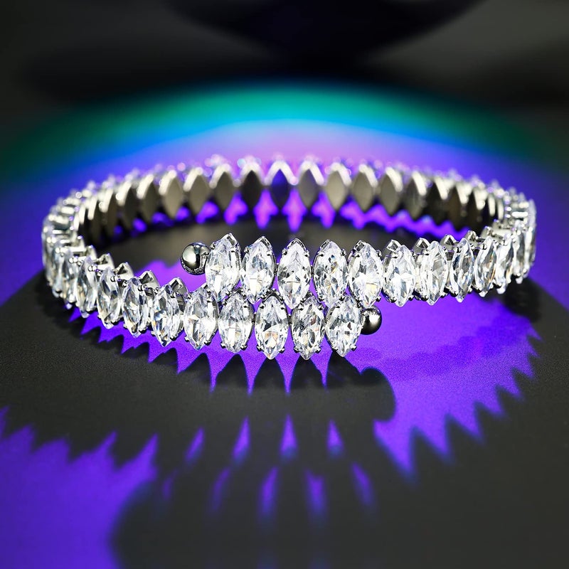 AiliFe Oval Cubic Zirconia Open Adjustable Charm Bracelet for Women Men, White Gold Plated Personalized CZ Tennis Bracelet - Image 2