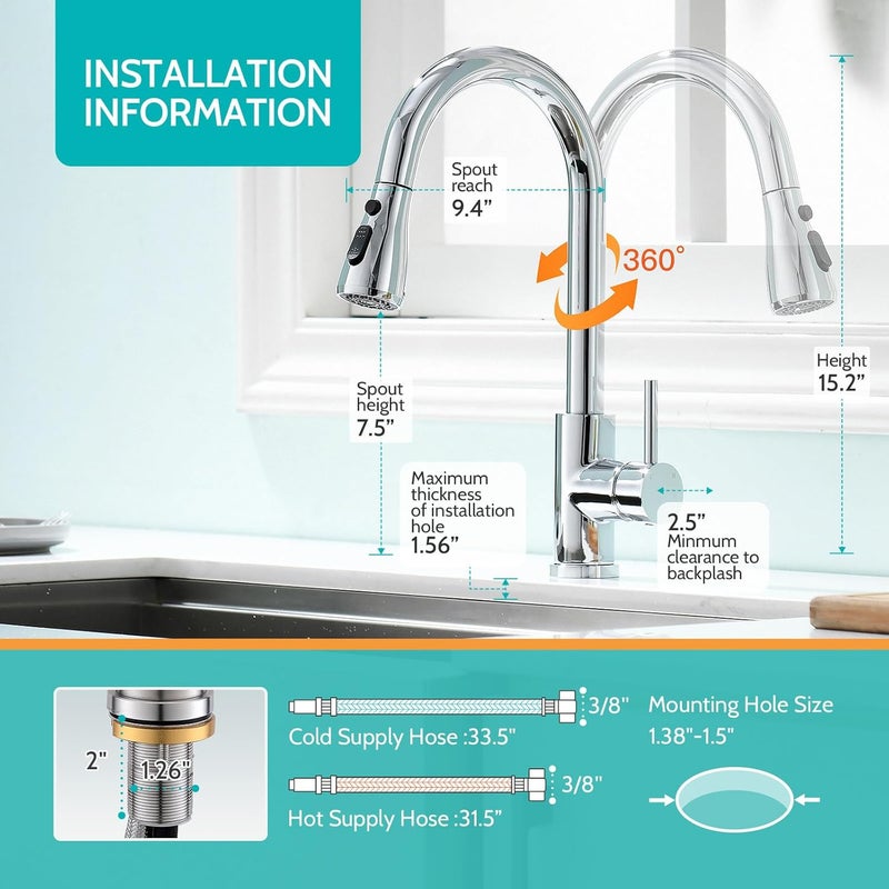 kicimpro Chrome Kitchen Faucet, Kitchen Faucets for Sink 3 Hole High Arc Single Handle Stainless Steel Commercial RV Camper Kitchen Faucet with Pull Down Sprayer llaves para fregaderos de cocina - Image 5