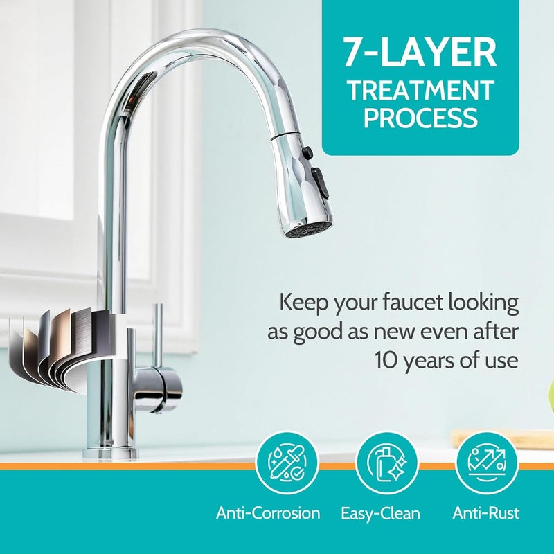 kicimpro Chrome Kitchen Faucet, Kitchen Faucets for Sink 3 Hole High Arc Single Handle Stainless Steel Commercial RV Camper Kitchen Faucet with Pull Down Sprayer llaves para fregaderos de cocina - Image 4