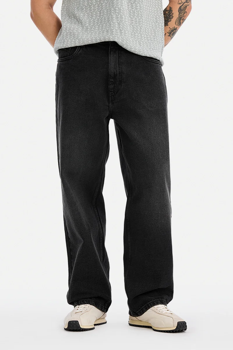 SNITCH Black Solid Loose Fit Streetwear Jeans