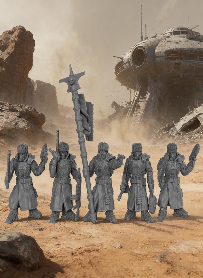 AUSPDICE 28mm Scale Unpainted Resin Greatcoat Officers & Banner Bearer for Sci-Fi Tabletop RPG Game, 1:56 Wargaming Miniature Game, RPG Accessory, Command Squad Elite Frontier Command Squad 5pc Set - AS968 - Image 1