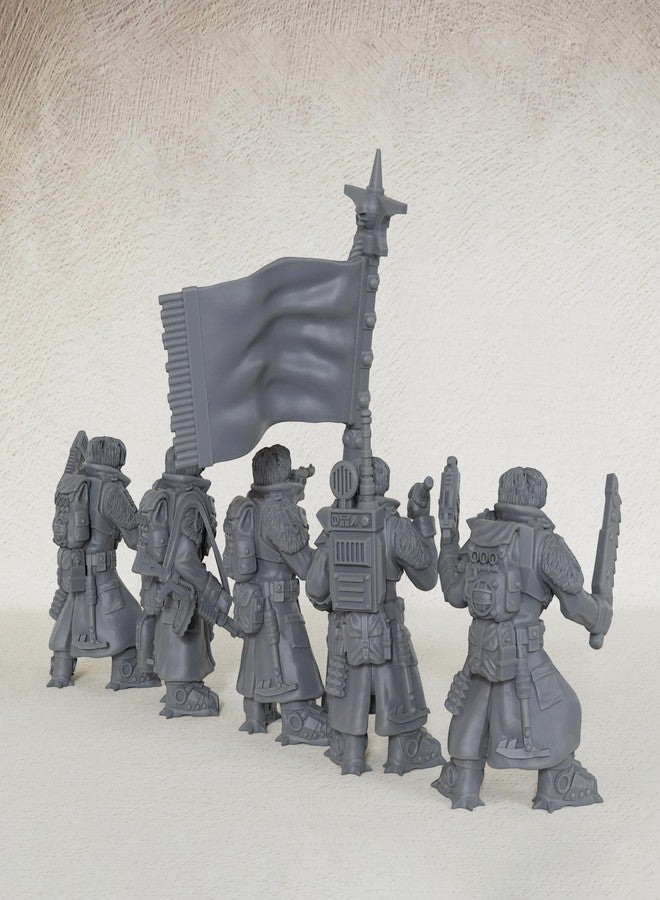 AUSPDICE 28mm Scale Unpainted Resin Greatcoat Officers & Banner Bearer for Sci-Fi Tabletop RPG Game, 1:56 Wargaming Miniature Game, RPG Accessory, Command Squad Elite Frontier Command Squad 5pc Set - AS968 - Image 5