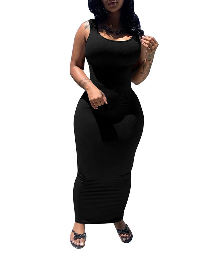 PINSV Women's Sexy Bodycon Tank Dress Basic Sleeveless Long Maxi Dresses Party Club Beach Sundresses Black S - Image 1