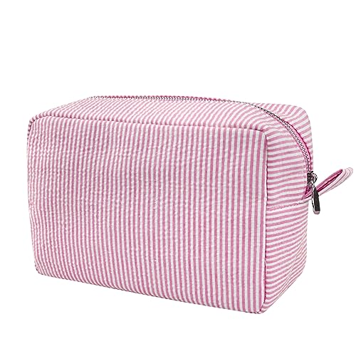 GFU Cosmetic Bag for Women, Large Makeup Bag, Travel Toiletry Stripe Cosmetic Bag, Seersucker Women Aesthetic Organizer Storage Pouch, Girls Handbags Purses (Pink) - Image 1