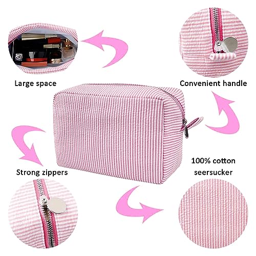 GFU Cosmetic Bag for Women, Large Makeup Bag, Travel Toiletry Stripe Cosmetic Bag, Seersucker Women Aesthetic Organizer Storage Pouch, Girls Handbags Purses (Pink) - Image 3