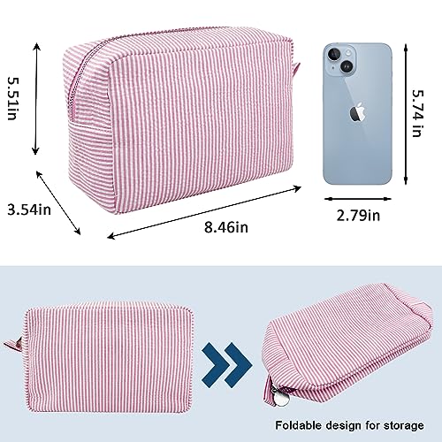 GFU Cosmetic Bag for Women, Large Makeup Bag, Travel Toiletry Stripe Cosmetic Bag, Seersucker Women Aesthetic Organizer Storage Pouch, Girls Handbags Purses (Pink) - Image 4