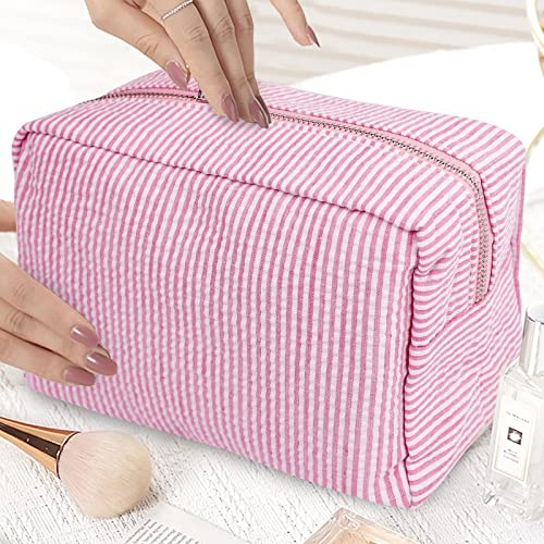 GFU Cosmetic Bag for Women, Large Makeup Bag, Travel Toiletry Stripe Cosmetic Bag, Seersucker Women Aesthetic Organizer Storage Pouch, Girls Handbags Purses (Pink) - Image 5