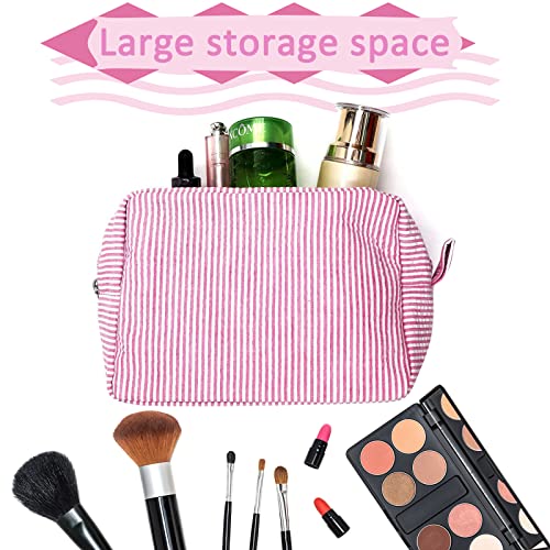 GFU Cosmetic Bag for Women, Large Makeup Bag, Travel Toiletry Stripe Cosmetic Bag, Seersucker Women Aesthetic Organizer Storage Pouch, Girls Handbags Purses (Pink) - Image 2