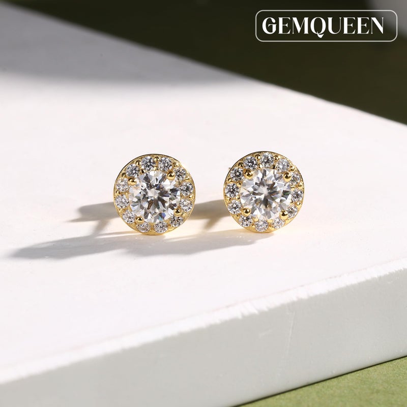 GEMQUEEN Moissanite Halo Earrings Studs : 18K Gold Plated 925 Sterling Silver Earrings for Women Men Hypoallergenic Dainty Stud Earring Jewelry Trendy Round Cut D Color VVS1 Clarity 1CT - Image 2