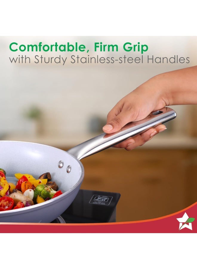 Wonderchef Eco-Glide Fry Pan | | Chemical-Free Ceramic Coating | 20cm, 1.2L | Healthy, Low Oil Meals | Scratch-Resistant | Stainless-Steel Handle | Gas & Induction Compatible | Grey | Easy to Clean - Image 3