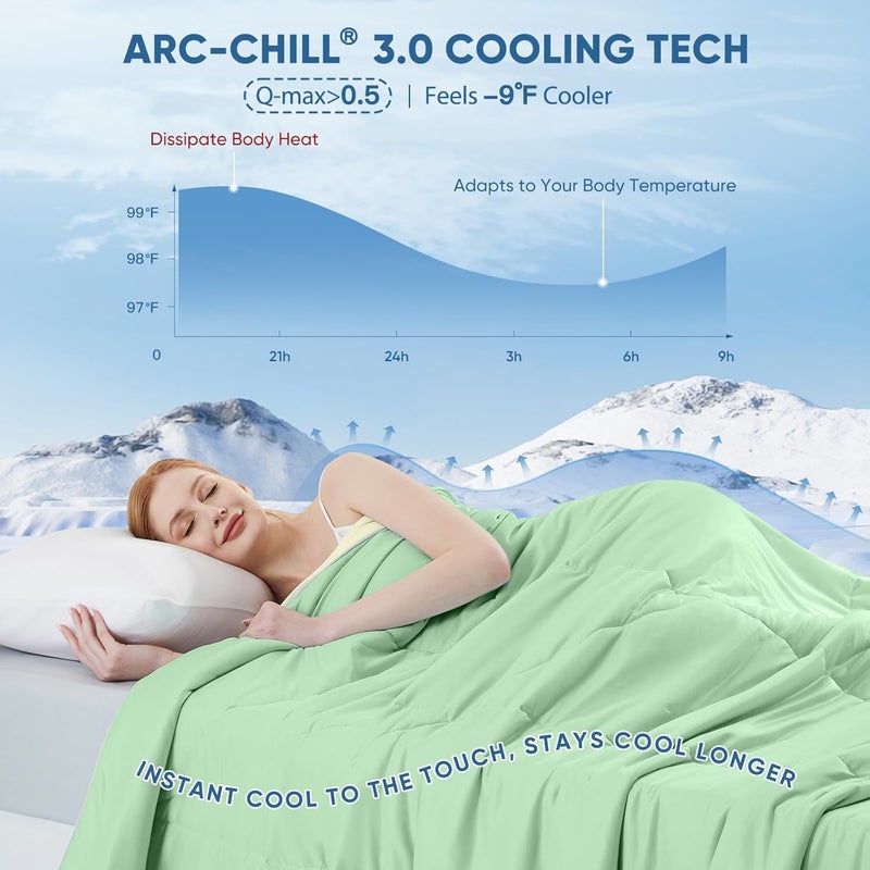 Elegear Cooling Comforter King Absorbs Body Heat to Keep Cool, Cooling Blanket for Hot Sleepers Japanese Arc-Chill 3.0 Cool Tech Fabric Summer Comforter Hypo-Allergenic Cooling Quilt - Green/Beige - Image 3