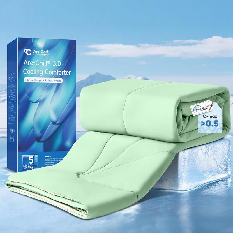 Elegear Cooling Comforter King Absorbs Body Heat to Keep Cool, Cooling Blanket for Hot Sleepers Japanese Arc-Chill 3.0 Cool Tech Fabric Summer Comforter Hypo-Allergenic Cooling Quilt - Green/Beige - Image 1