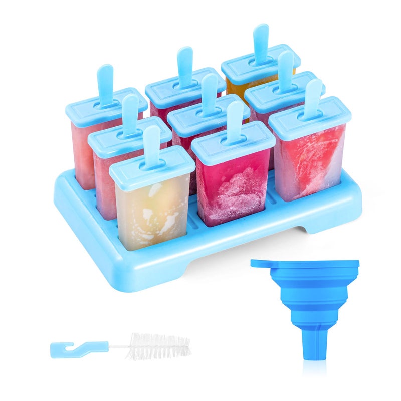 ANSMIO Ice Lolly Moulds 9 Popsicle Molds Ice Cream Moulds Reusable DIY Ideas Ice Lolly Stick  Comes with a Cleaning Brush and Silicone Folding FunnelBlue