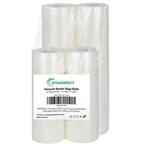 WishDirect Vacuum Sealer Bags Rolls Compatible with FoodSaver 2 Pack 11 x 25 and 2 Pack 8 x 25 Fit Inside Machine Commercial Grade Embossed Food Preservation Rolls Total 100 Feet