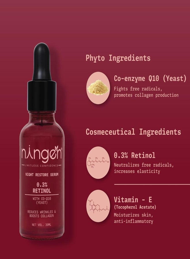 نينغن سيروم نينجن الليلي المُرمِّم | يُعزز الكولاجين لإشراقة شبابية | سيروم متطور للوجه مضاد للشيخوخة يحتوي على 0.3% ريتينول وإنزيم Q10 المساعد | يُقلل الخطوط الدقيقة والتجاعيد | مناسب للنساء والرجال - 30 مل - Image 2