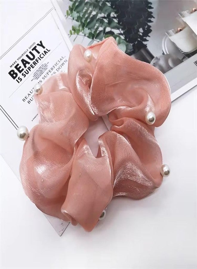 Ashkash 6Pcs Premium Organza Satin Scrunchies - Mixed Colors, Faux Pearl Mesh, Soft Elastic Hair Ties for Women - Stylish Ponytail & Updo Accessories - Image 2