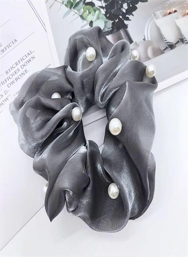Ashkash 6Pcs Premium Organza Satin Scrunchies - Mixed Colors, Faux Pearl Mesh, Soft Elastic Hair Ties for Women - Stylish Ponytail & Updo Accessories - Image 4