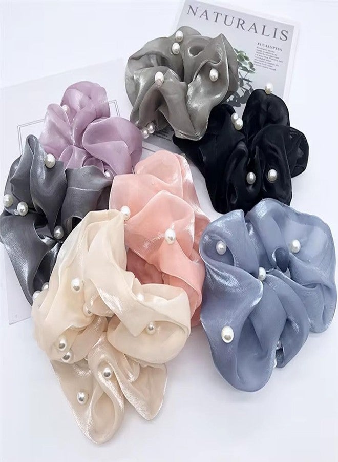 Ashkash 6Pcs Premium Organza Satin Scrunchies - Mixed Colors, Faux Pearl Mesh, Soft Elastic Hair Ties for Women - Stylish Ponytail & Updo Accessories - Image 1
