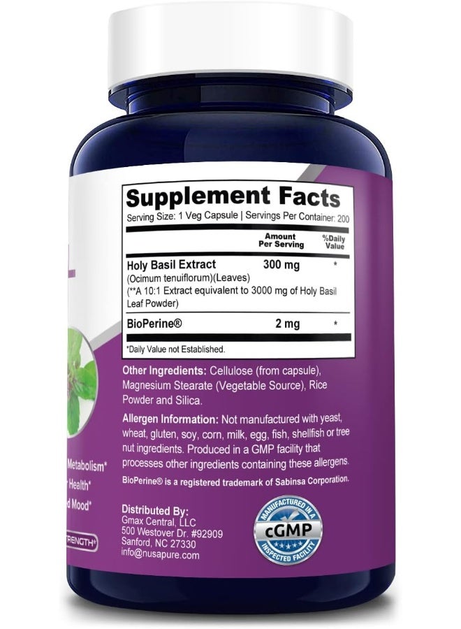 NusaPure Holy Basil 3000 mg with Bioperine - 200 Veg Capsules - Image 3