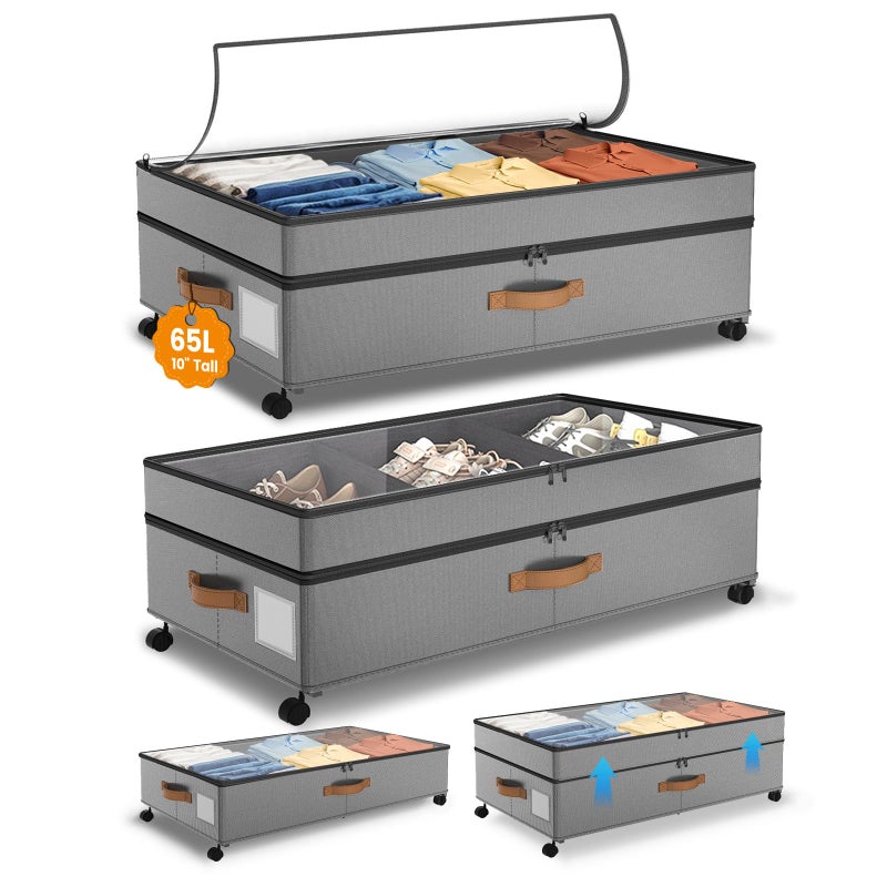 Megapuxin Under Bed Storage with Wheels 10 inches Under the Bed Storage Containers Large 65L XXL Adjustable Storage for Underbed with Lids Rolling for Shoes Clothes Blankets Grey
