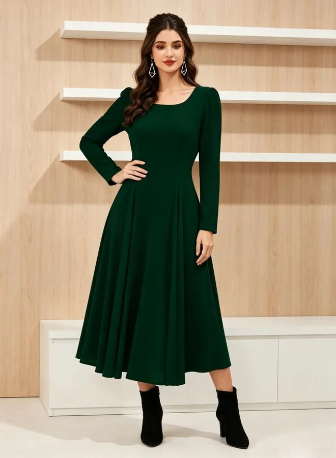 Take Two Dark Green Square Neck A-Line Midi Dress