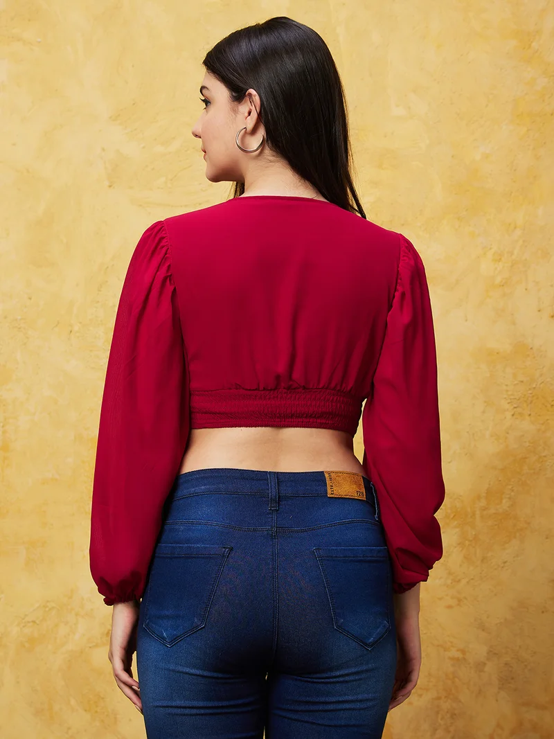 جلو باص Women Red Puff Sleeve Ruffles Georgette Crop Top