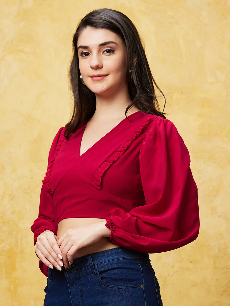 جلو باص Women Red Puff Sleeve Ruffles Georgette Crop Top