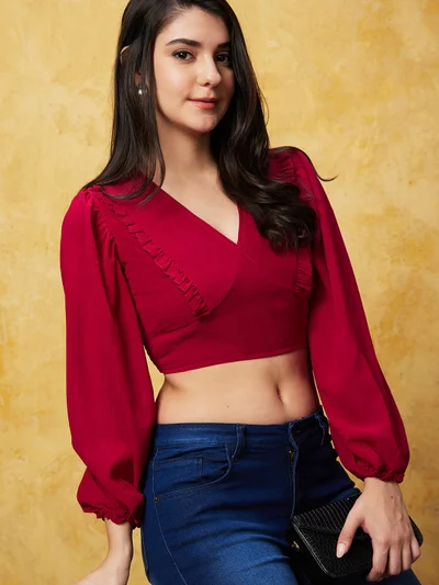 جلو باص Women Red Puff Sleeve Ruffles Georgette Crop Top