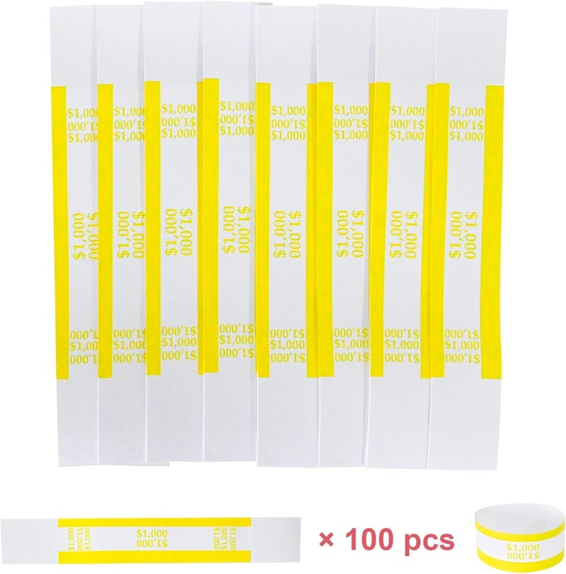 Y essential Store Currency Straps â€“ Bill Wrappers, Money Bands to Organize Bills, ABA Standard Colors, Self-Adhesive, 7.5 x 1.15 Inches (Yellow$1000-100pcs) - Image 2