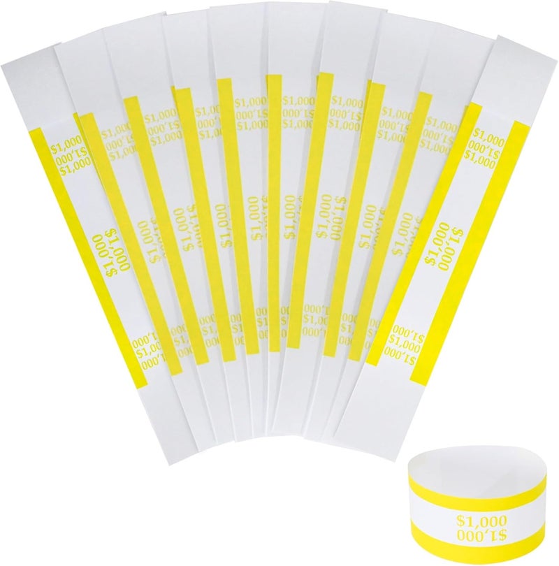 Y essential Store Currency Straps â€“ Bill Wrappers, Money Bands to Organize Bills, ABA Standard Colors, Self-Adhesive, 7.5 x 1.15 Inches (Yellow$1000-100pcs) - Image 1