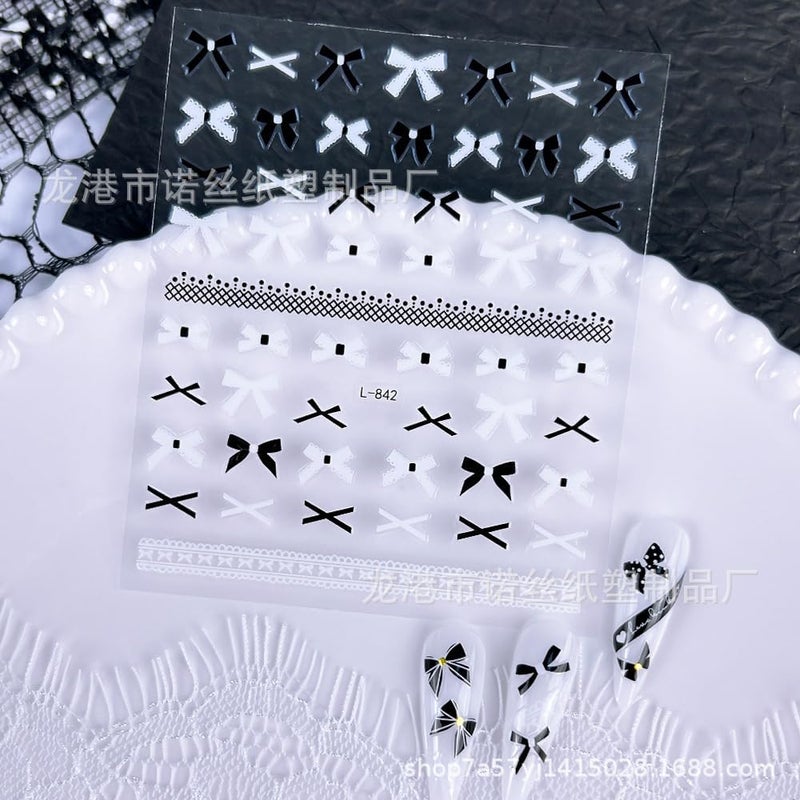 Maigitur 6Sheets Bow Nail Stickers Black Bowknot Nail Decals Gold Nail Designs Hearts Nails Supplies 3D Self-Adhesive Hearts Lace Lines Nails Art Stickers for Women DIY Manicure - Image 4