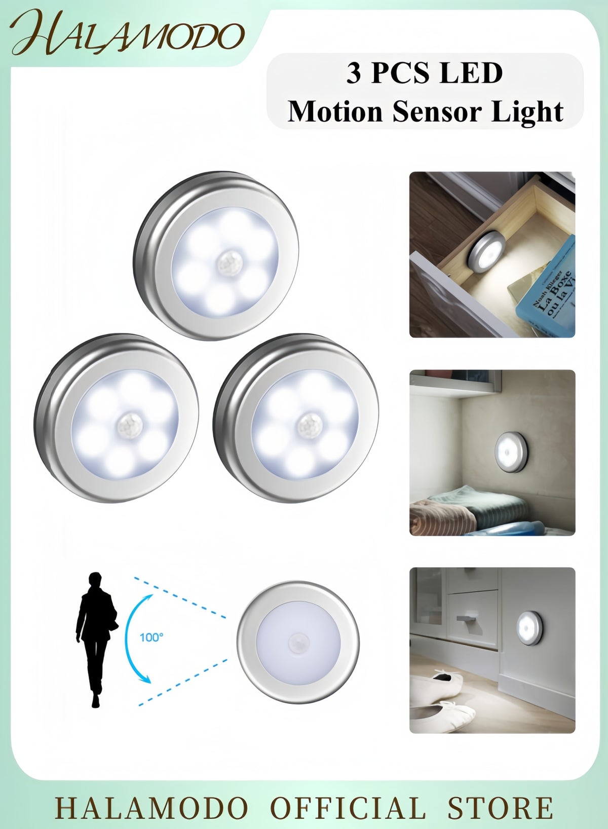 HALAMODO 3-Piece Ultra-Bright LED Motion Sensor Night Light Magnetic ...