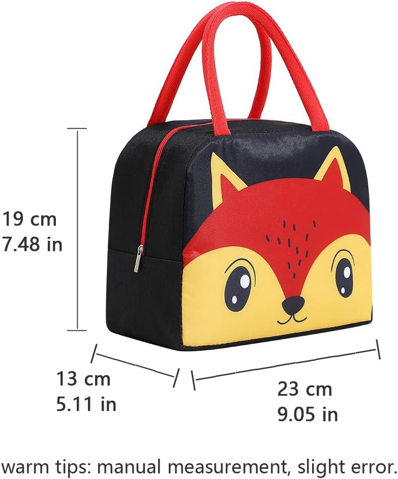 Flywind Kids Lunch Bag for Girls Boys Students | Small Foldable Waterproof Lunch Box for Travel Picnic School | Reusable Cartoon Insulated Lunchbag (Black Fox) - Image 2