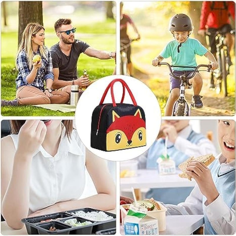 Flywind Kids Lunch Bag for Girls Boys Students | Small Foldable Waterproof Lunch Box for Travel Picnic School | Reusable Cartoon Insulated Lunchbag (Black Fox) - Image 5