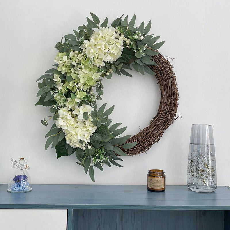 Covanm Spring Flower Wreath for Front Door, 20 Inch Hydrangea Door Wreath with White Berries, Summer Eucalyptus Wreaths for Front Door Outside All Season, Farmhouse, Indoor Outdoor Wall Decor - Image 5