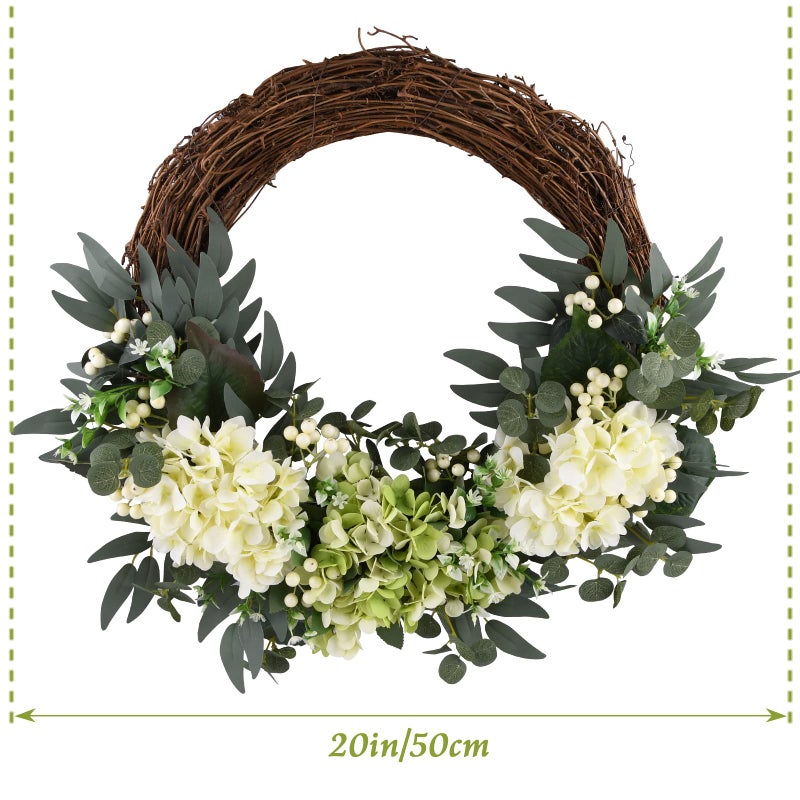 Covanm Spring Flower Wreath for Front Door, 20 Inch Hydrangea Door Wreath with White Berries, Summer Eucalyptus Wreaths for Front Door Outside All Season, Farmhouse, Indoor Outdoor Wall Decor - Image 3