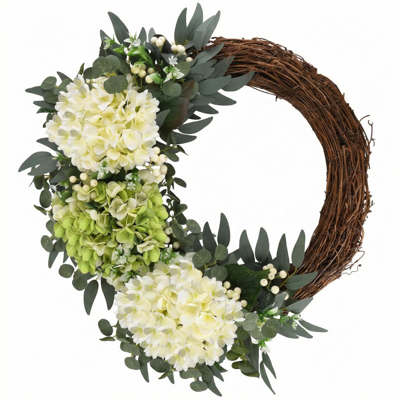 Covanm Spring Flower Wreath for Front Door, 20 Inch Hydrangea Door Wreath with White Berries, Summer Eucalyptus Wreaths for Front Door Outside All Season, Farmhouse, Indoor Outdoor Wall Decor - Image 1