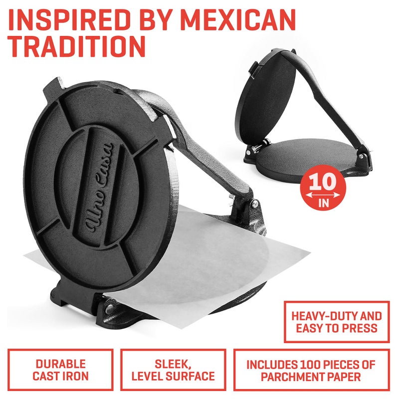 Uno Casa 10 Inch Cast Iron Tortilla Press & Comal Pan Bundle - Non-Stick, Heat-Resistant, Family Size, Gas Stovetop Compatible - Image 2