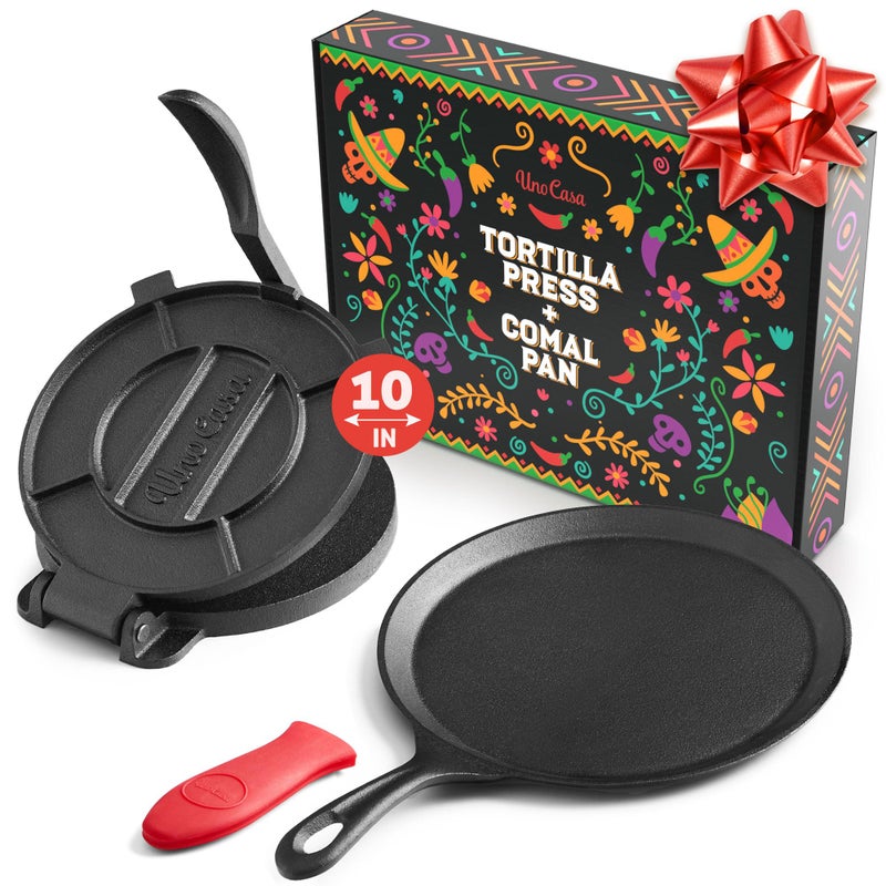 Uno Casa 10 Inch Cast Iron Tortilla Press & Comal Pan Bundle - Non-Stick, Heat-Resistant, Family Size, Gas Stovetop Compatible - Image 1