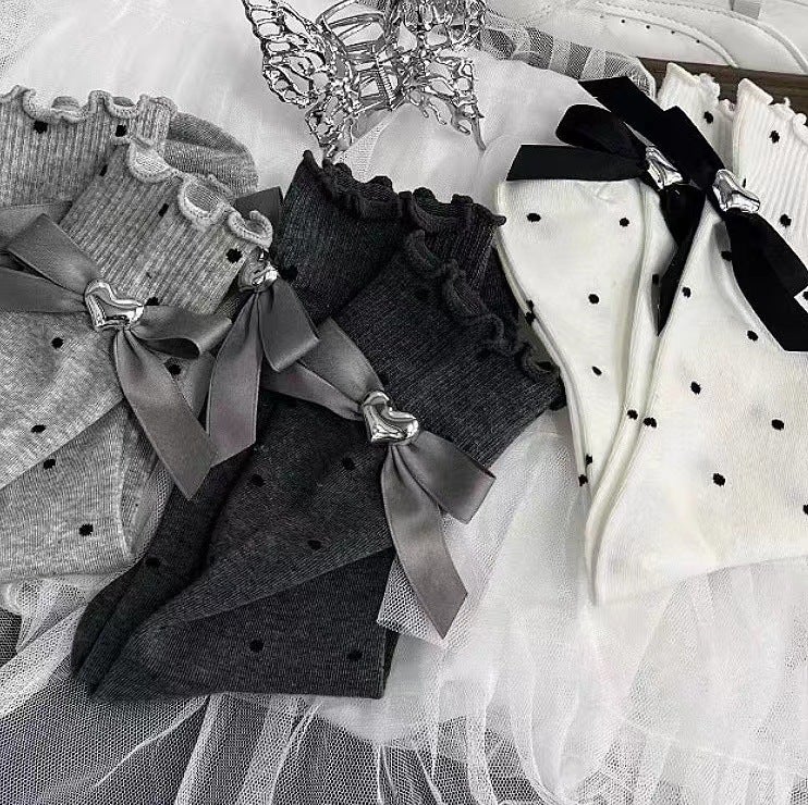 Cute Japanese Ruffle Ballet Socks with Bow Black  - Image 5