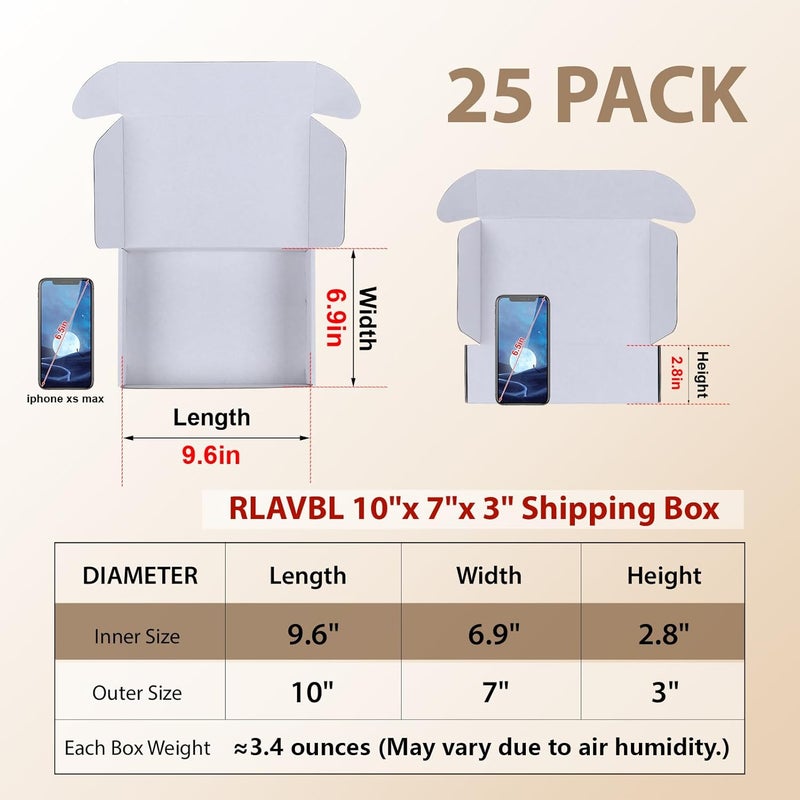 صندوق RLAVBL أبيض ذو وجهين، صندوق كرتون، مقاس 25.4 سم × 17.8 سم × 7.5 سم، 25 قطعة صندوق شحن أو نقل - Image 2