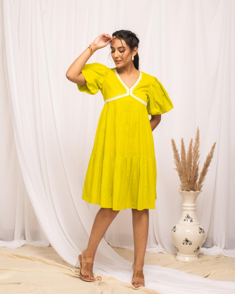 FIORRA Women's Lemon Yellow Colour Solid Cotton Skater Dress DR0004 - Image 3