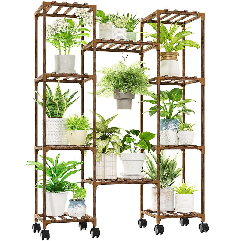 GENTINGBRO Plant Stand with Wheels Outdoor Indoor Hanging Plant Shelf for Multiple Plants Tall Large Holder for Living Room Patio Balcony Garden Corner Mobile - Image 1