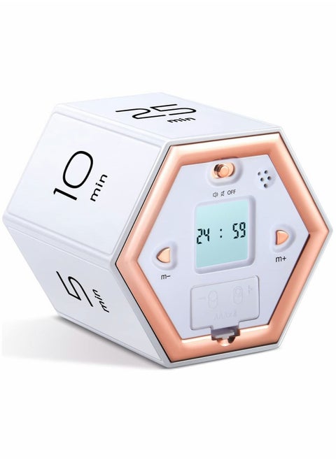 Hexagon Flip Timer with Mute & Alarm Function- Kitchen Timer Easy to Use - Time Management Pomodoro Timer for Kids - Magnetic Cube Timer for Classroom Cooking Studying Working- White
